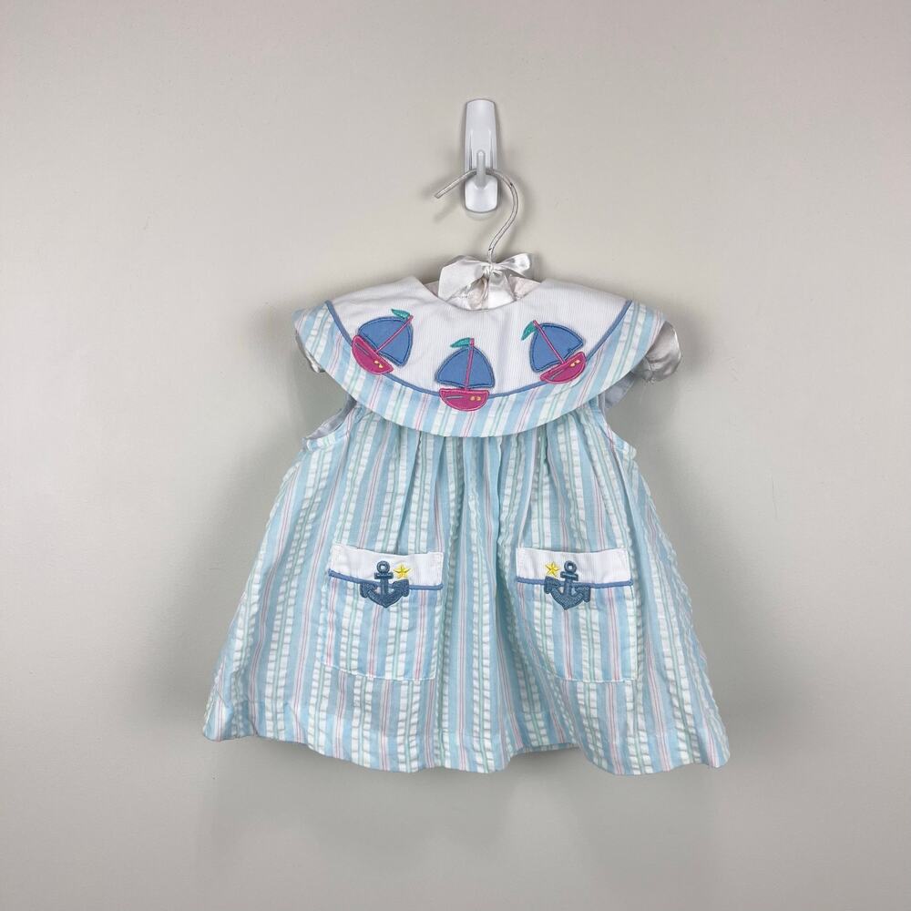 Vintage Samara Pastel Seersucker Sailboat Dress Set 6-9 Months